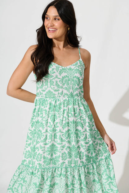 Pavarti Midi Sundress in Mint Green Floral Linen Blend