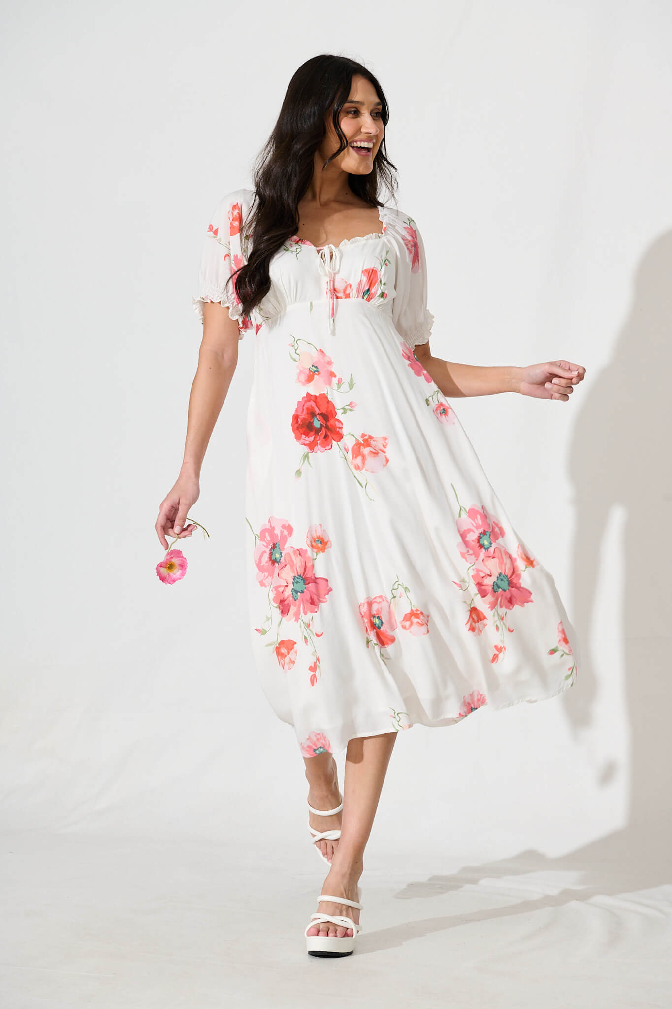 Doncia Midi Dress in White with Multi Red Floral
