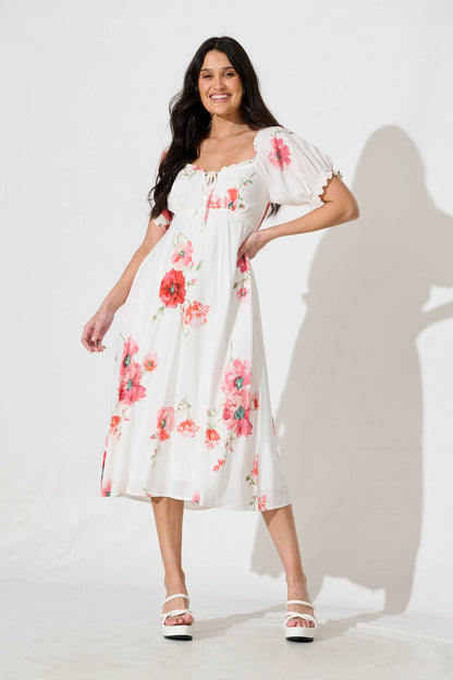 Doncia Midi Dress in White with Multi Red Floral