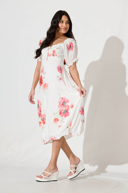 Doncia Midi Dress in White with Multi Red Floral