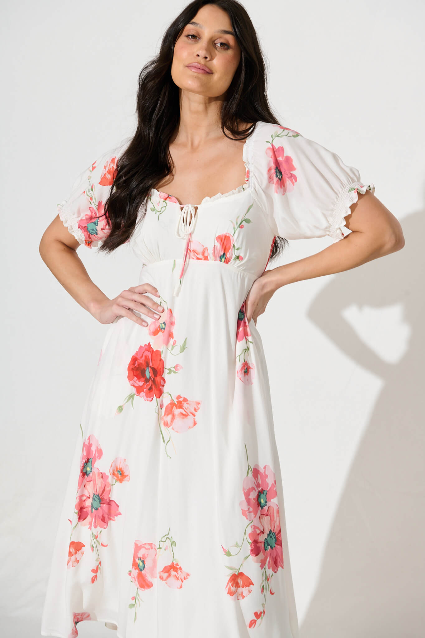 Doncia Midi Dress in White with Multi Red Floral