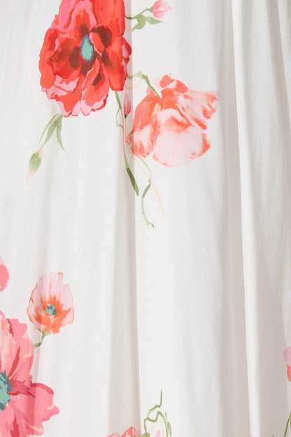 Doncia Midi Dress in White with Multi Red Floral