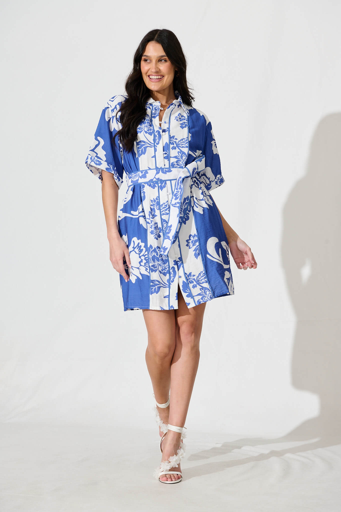Spirit Shirt Dress In Blue With White Floral Print