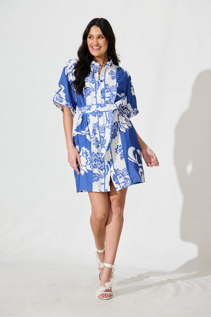 Spirit Shirt Dress In Blue With White Floral Print