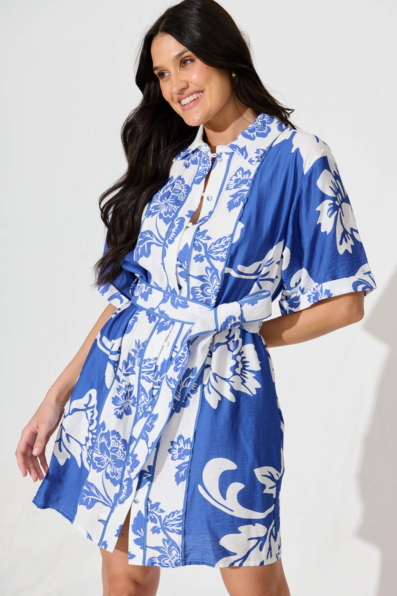 Spirit Shirt Dress In Blue With White Floral Print
