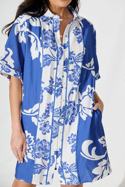 Spirit Shirt Dress In Blue With White Floral Print