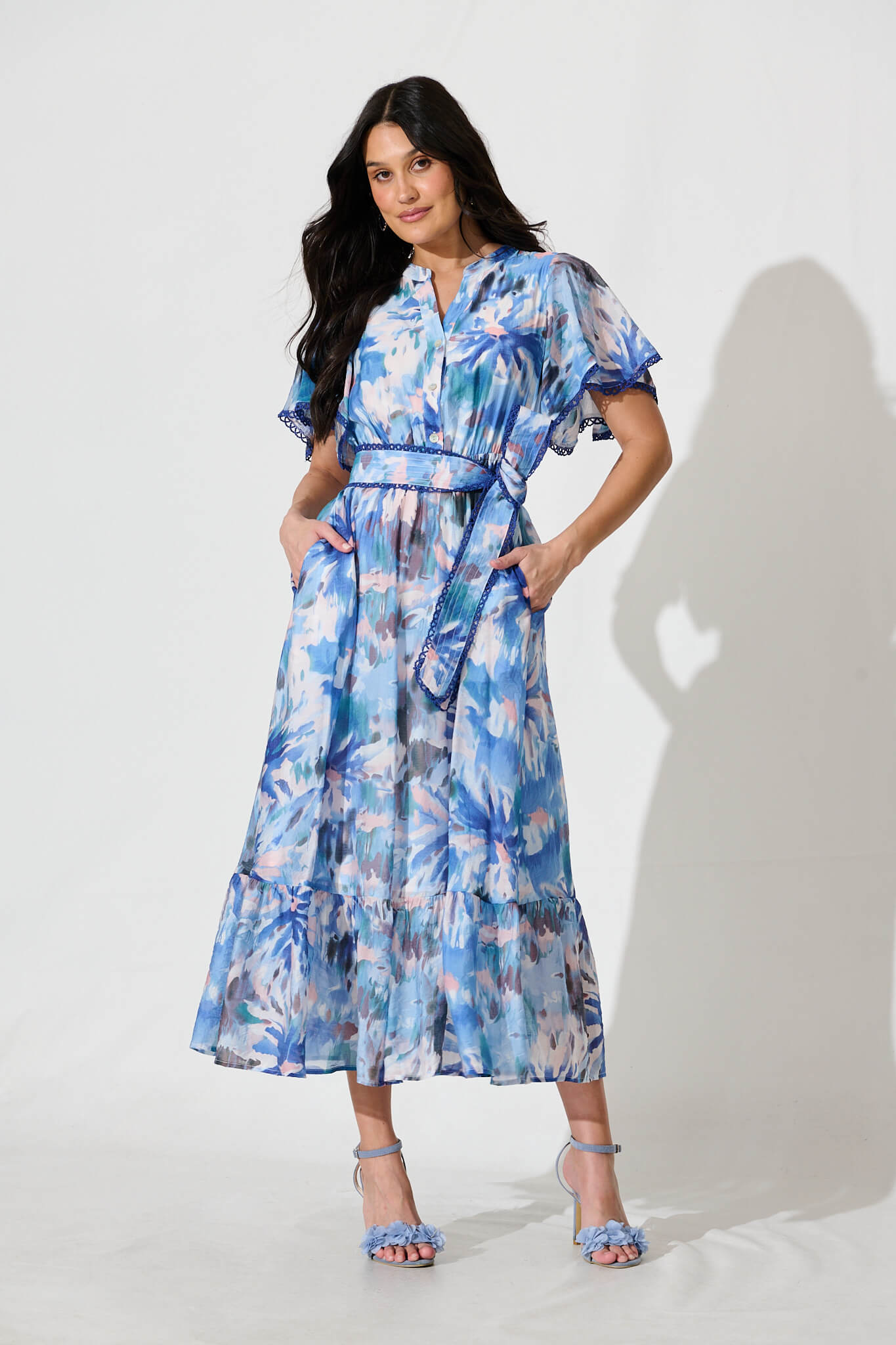 Yuki Midi Dress in Blue Multi Floral