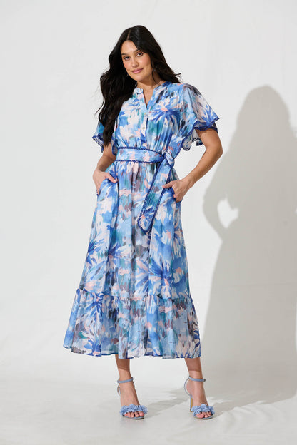 Yuki Midi Dress in Blue Multi Floral