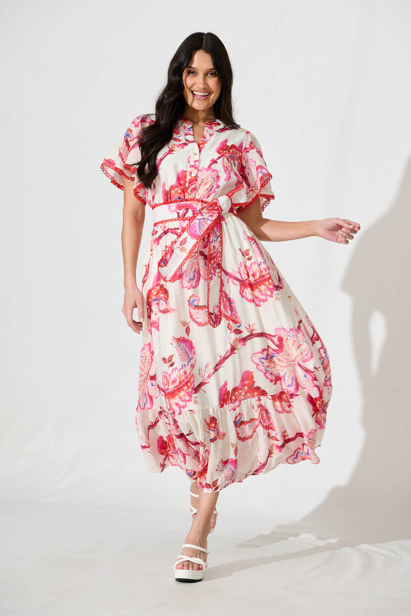 Yuki Midi Dress in White with Pink Floral