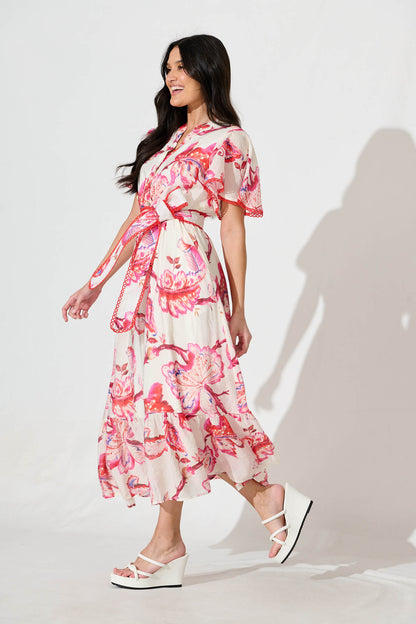 Yuki Midi Dress in White with Pink Floral