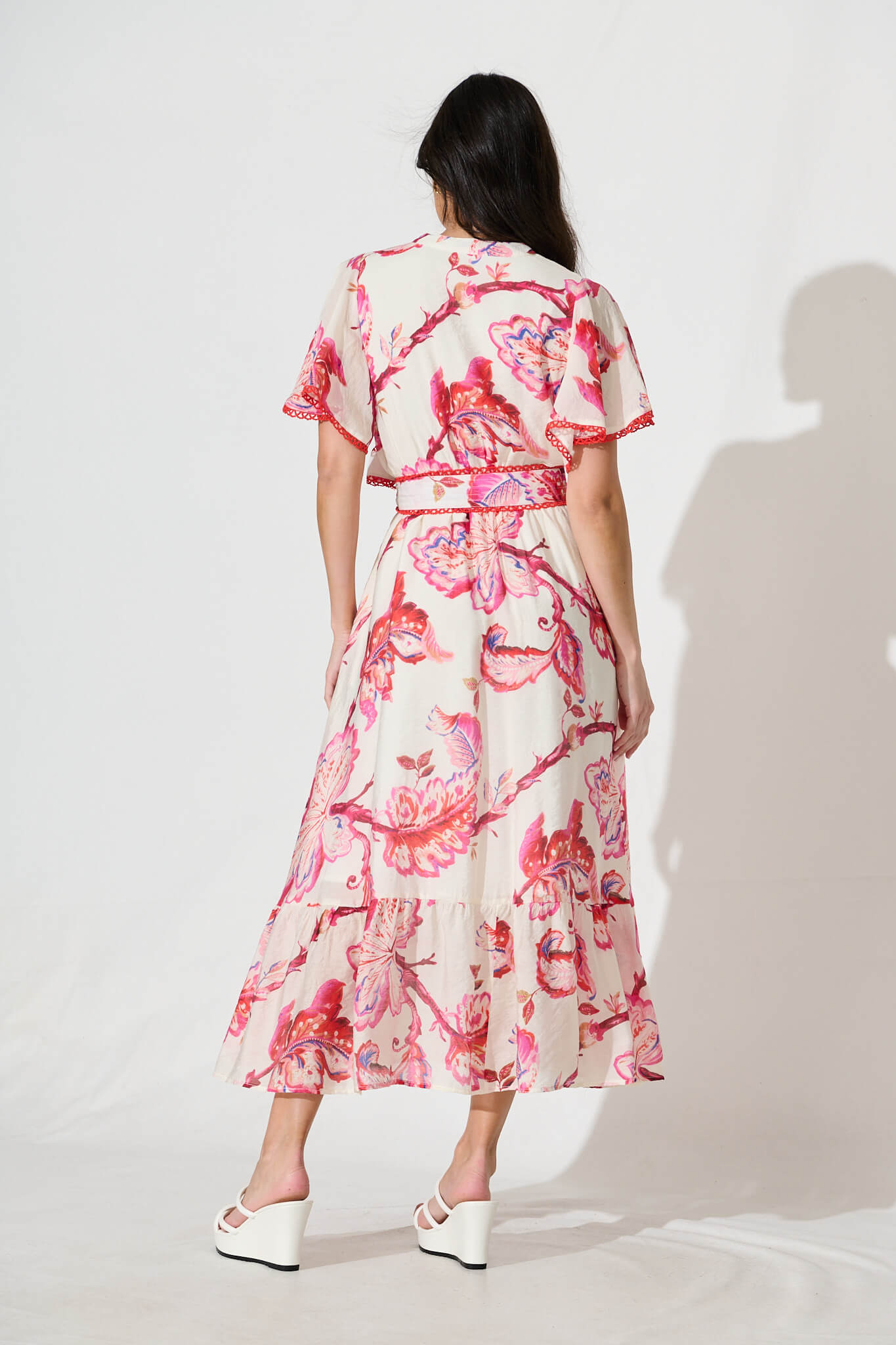 Yuki Midi Dress in White with Pink Floral