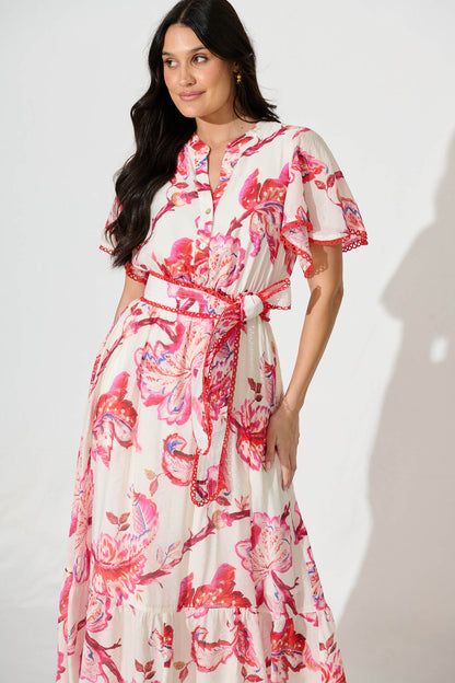 Yuki Midi Dress in White with Pink Floral
