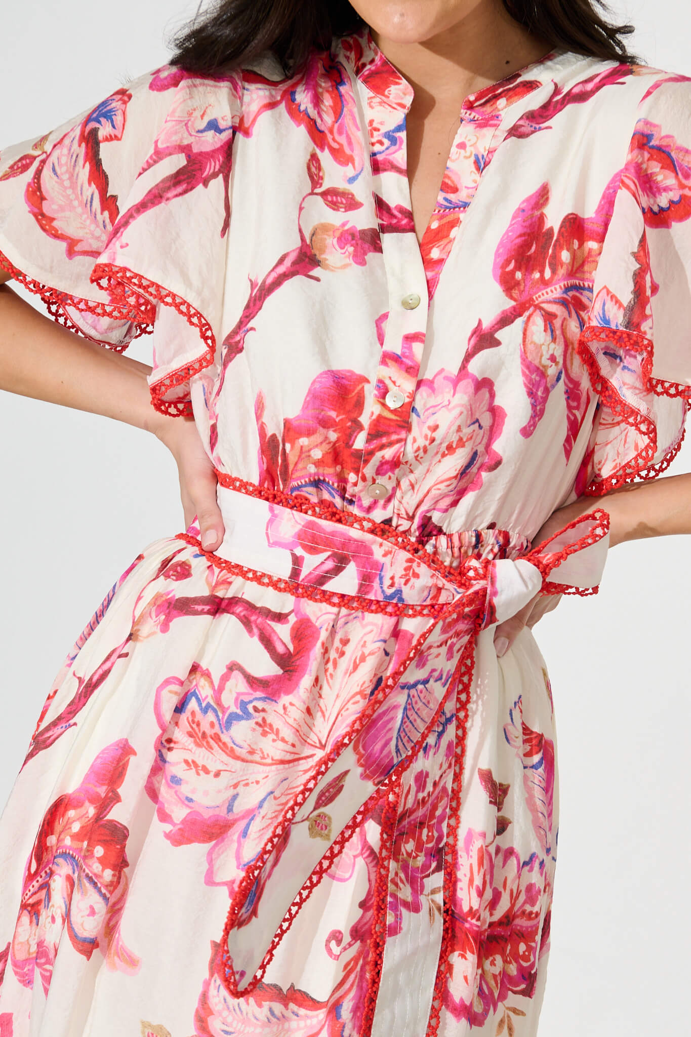 Yuki Midi Dress in White with Pink Floral