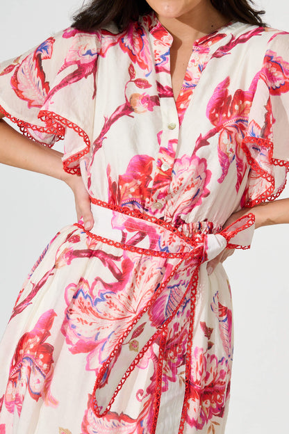 Yuki Midi Dress in White with Pink Floral