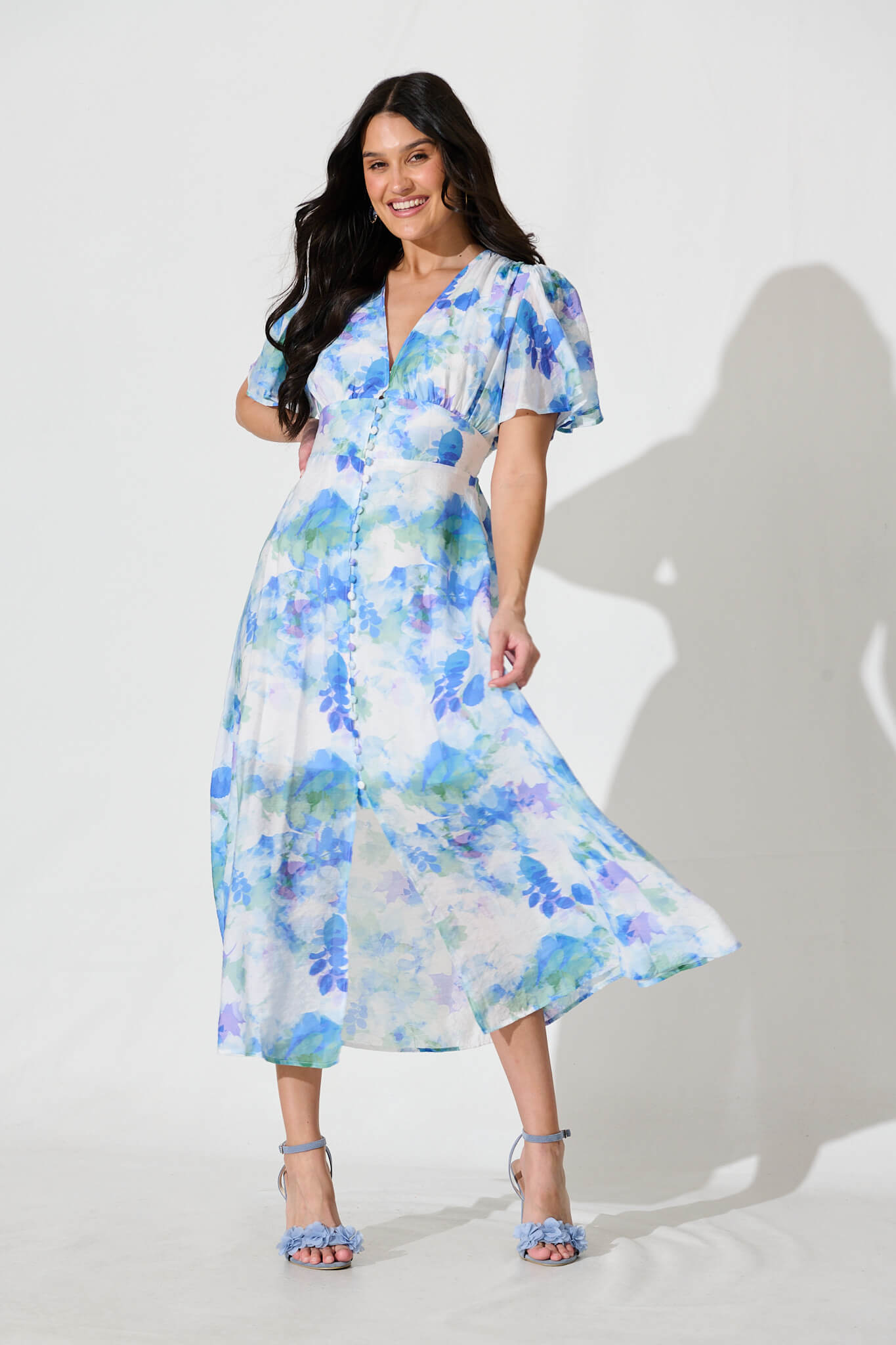 Lovelight Midi Dress in White with Blue and Green Floral
