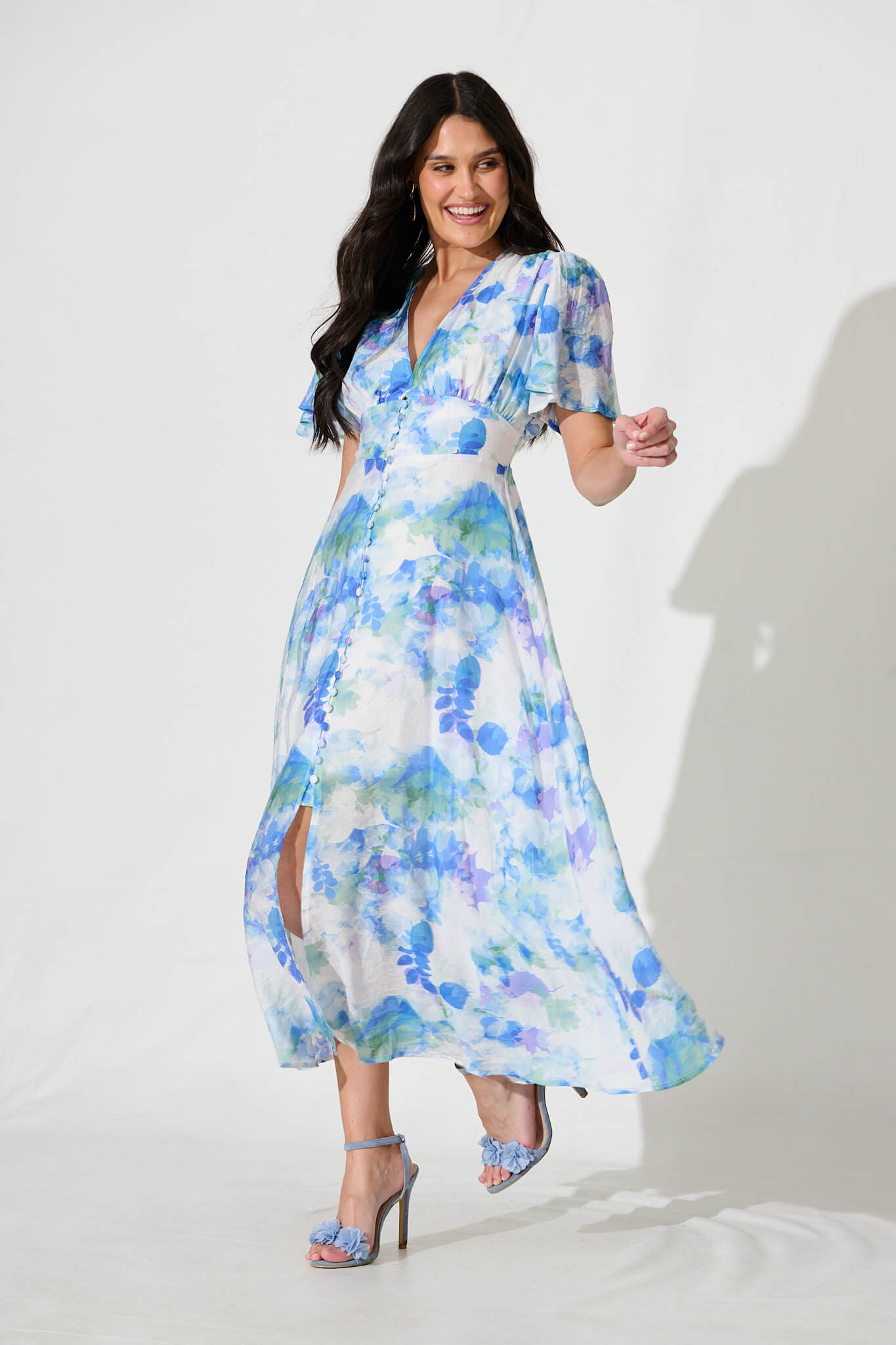 Lovelight Midi Dress in White with Blue and Green Floral