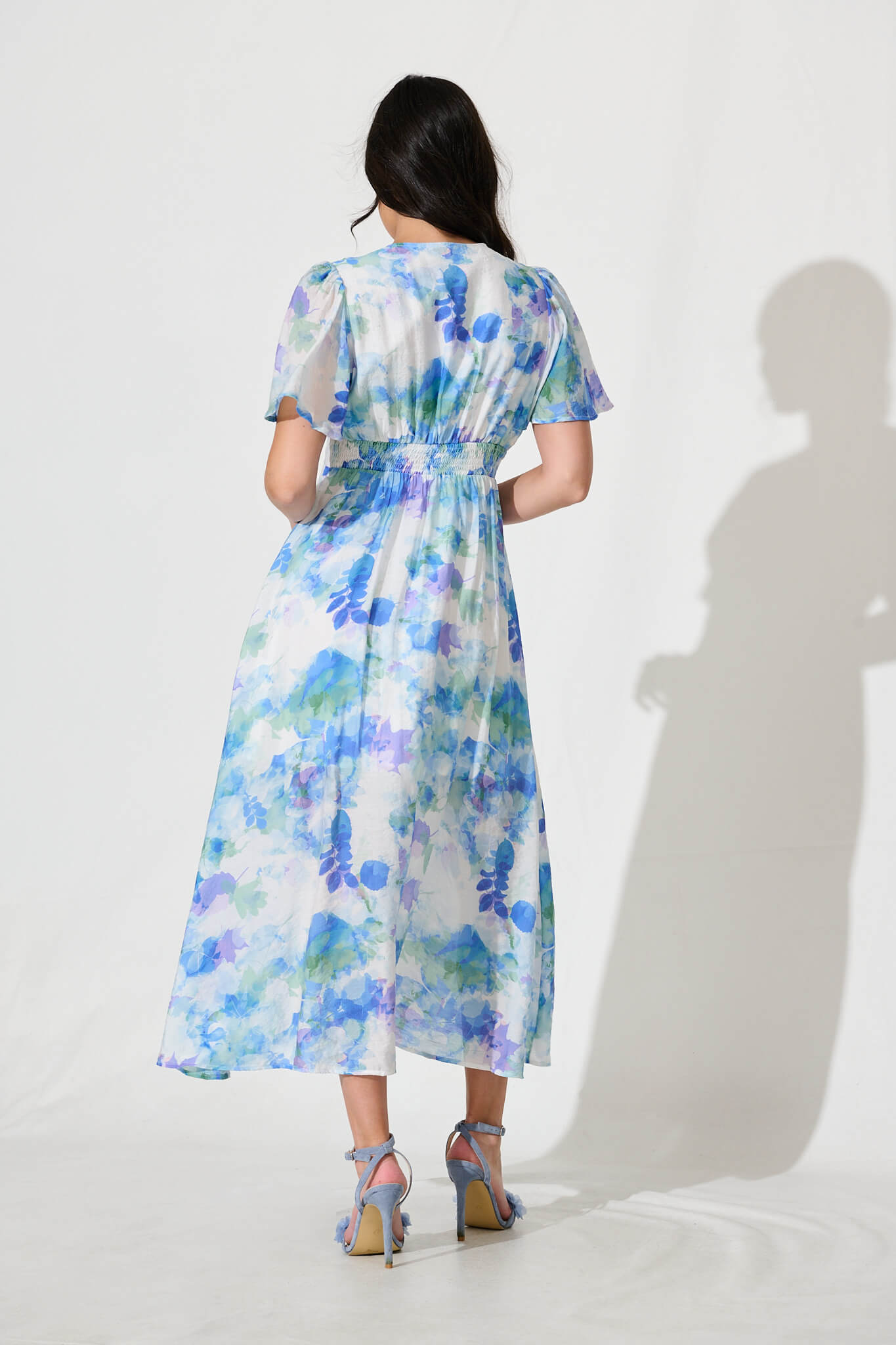 Lovelight Midi Dress in White with Blue and Green Floral