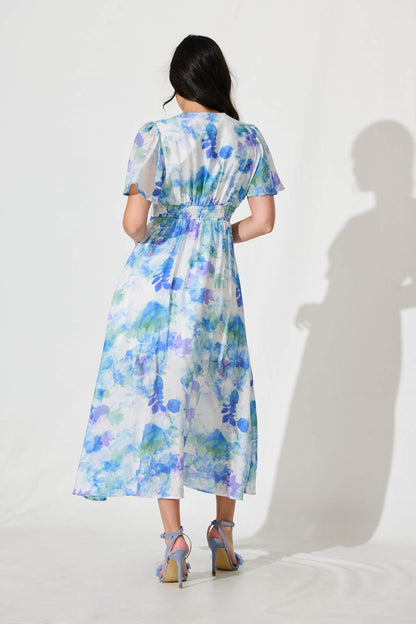 Lovelight Midi Dress in White with Blue and Green Floral