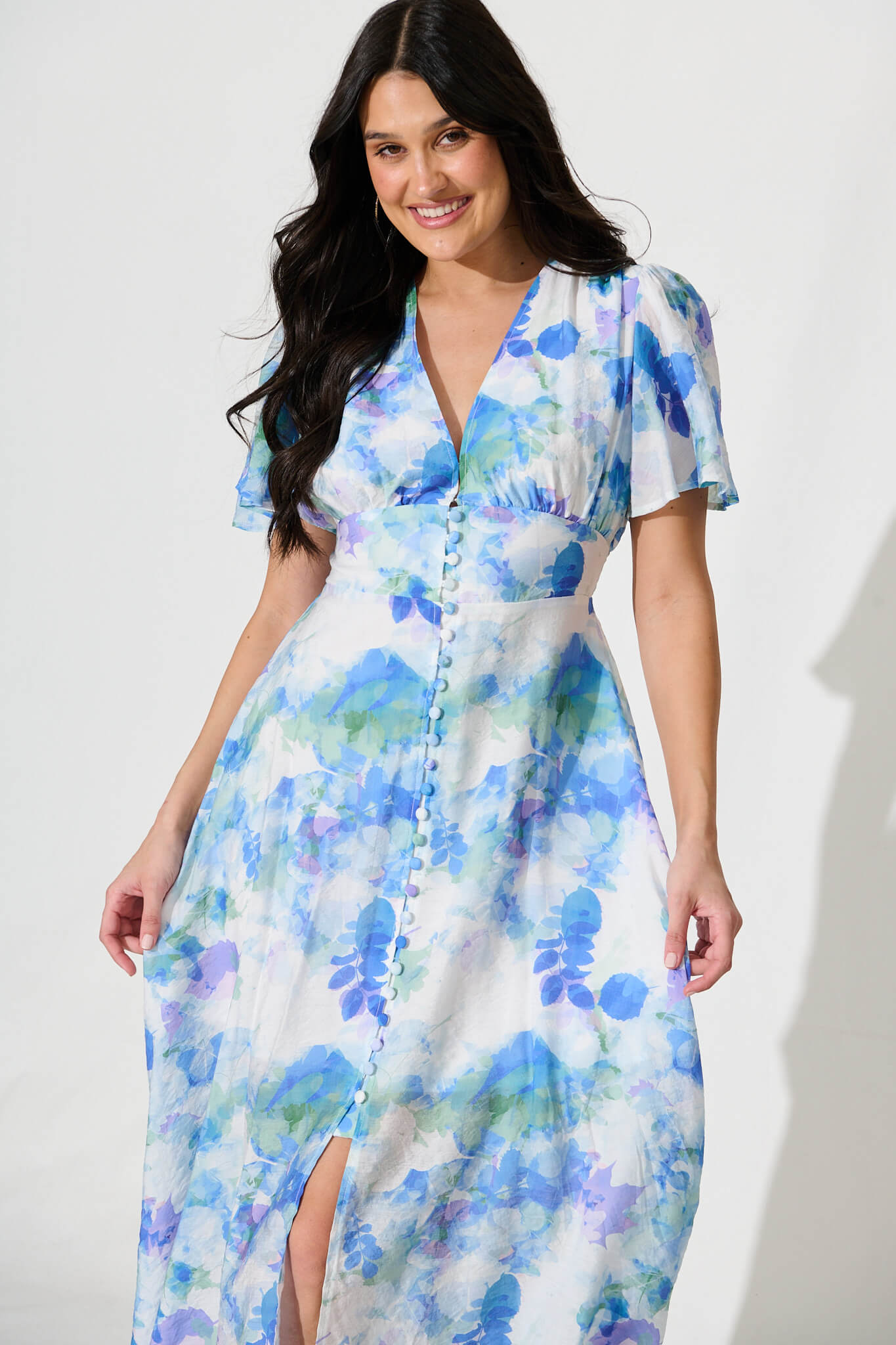 Lovelight Midi Dress in White with Blue and Green Floral