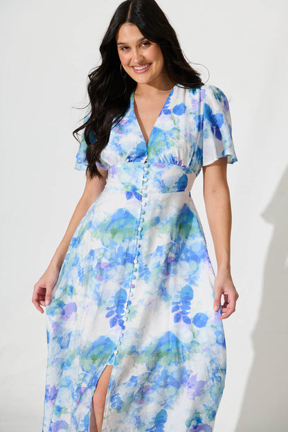 Lovelight Midi Dress in White with Blue and Green Floral