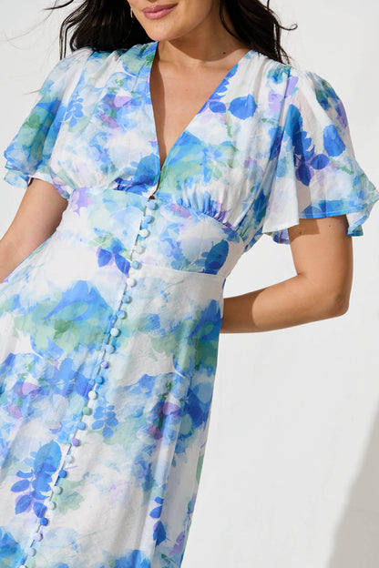 Lovelight Midi Dress in White with Blue and Green Floral