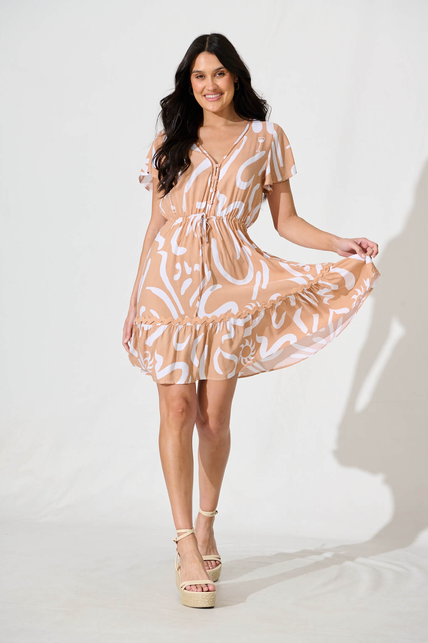 Tully Dress in Beige With White Print Ric Rac Trim