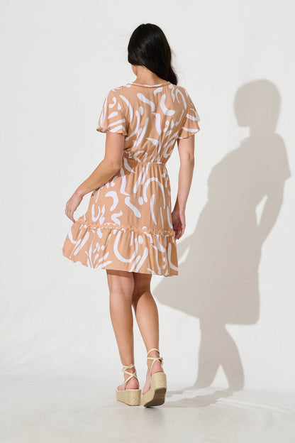 Tully Dress in Beige With White Print Ric Rac Trim