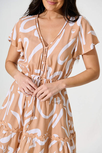 Tully Dress in Beige With White Print Ric Rac Trim
