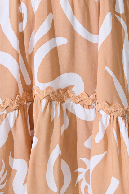 Tully Dress in Beige With White Print Ric Rac Trim