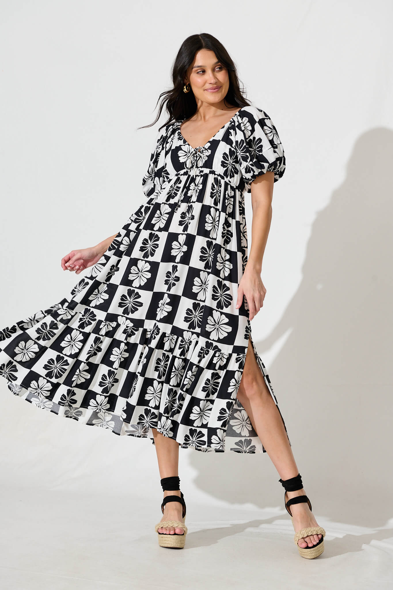Marchena Midi Dress in Black and White Flower Print