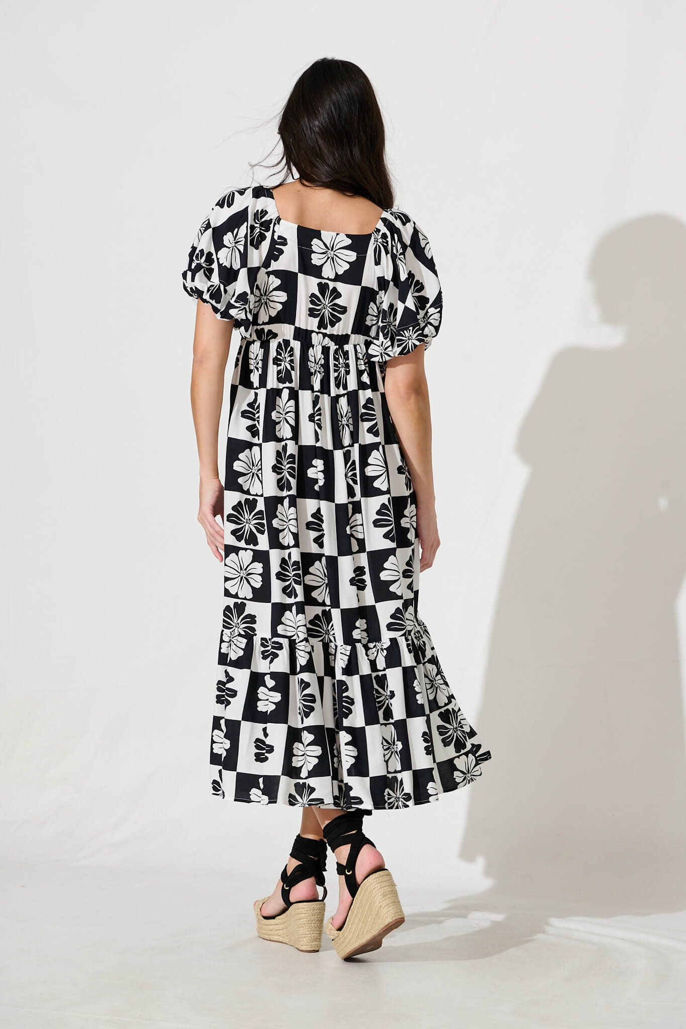 Marchena Midi Dress in Black and White Flower Print