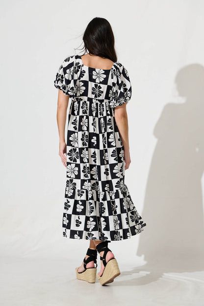 Marchena Midi Dress in Black and White Flower Print