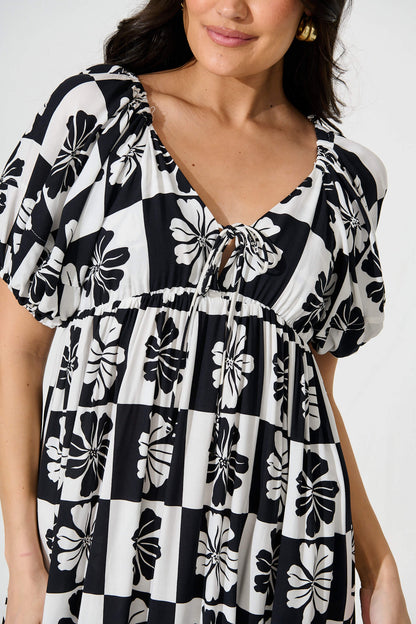 Marchena Midi Dress in Black and White Flower Print