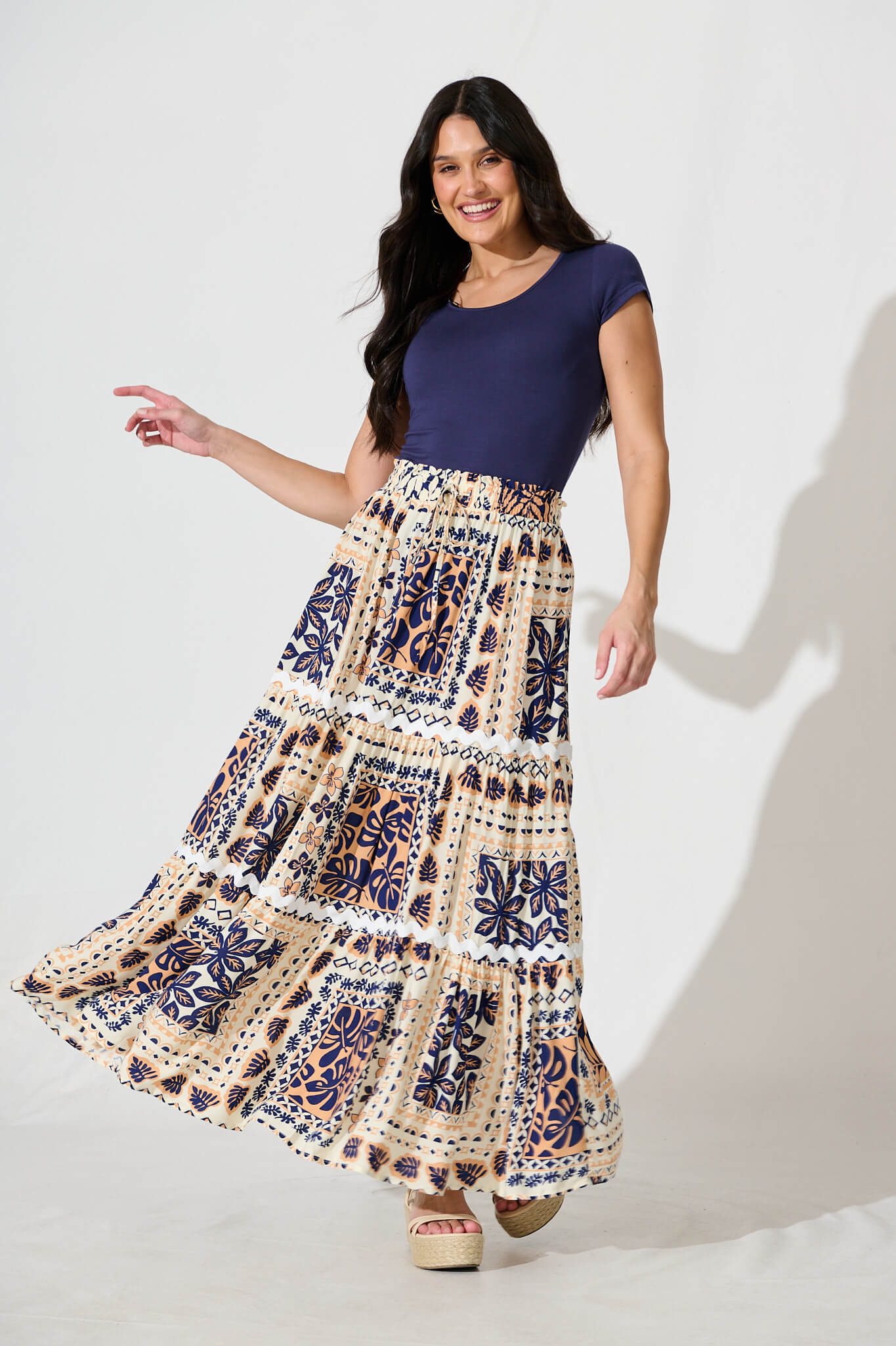 Arcadia Maxi Skirt in Beige and Navy With Ric Rac Trim