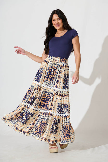 Arcadia Maxi Skirt in Beige and Navy With Ric Rac Trim