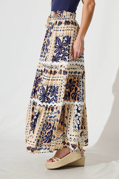 Arcadia Maxi Skirt in Beige and Navy With Ric Rac Trim
