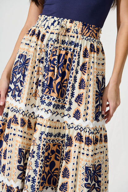 Arcadia Maxi Skirt in Beige and Navy With Ric Rac Trim