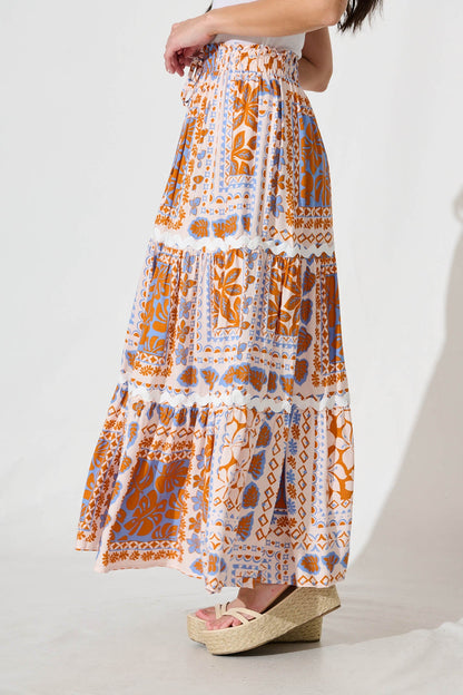 Arcadia Maxi Skirt in Multi Orange With Ric Rac Trim