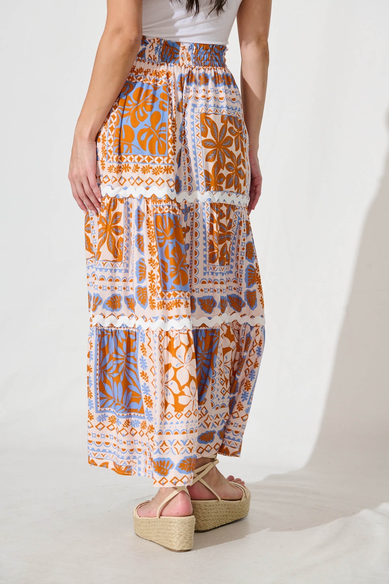 Arcadia Maxi Skirt in Multi Orange With Ric Rac Trim