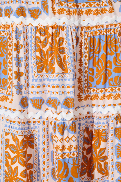 Arcadia Maxi Skirt in Multi Orange With Ric Rac Trim