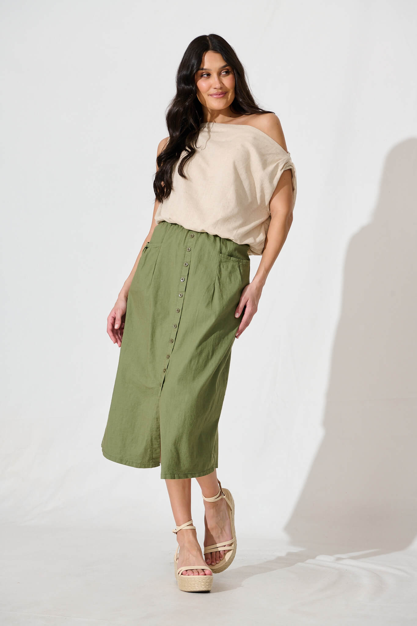 Lunya Midi Skirt in Khaki Cotton Blend