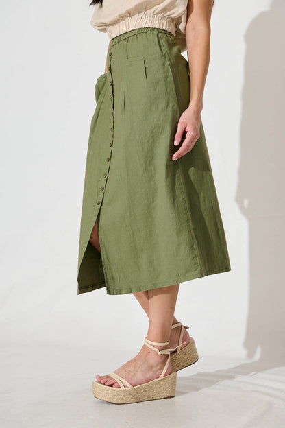 Lunya Midi Skirt in Khaki Cotton Blend