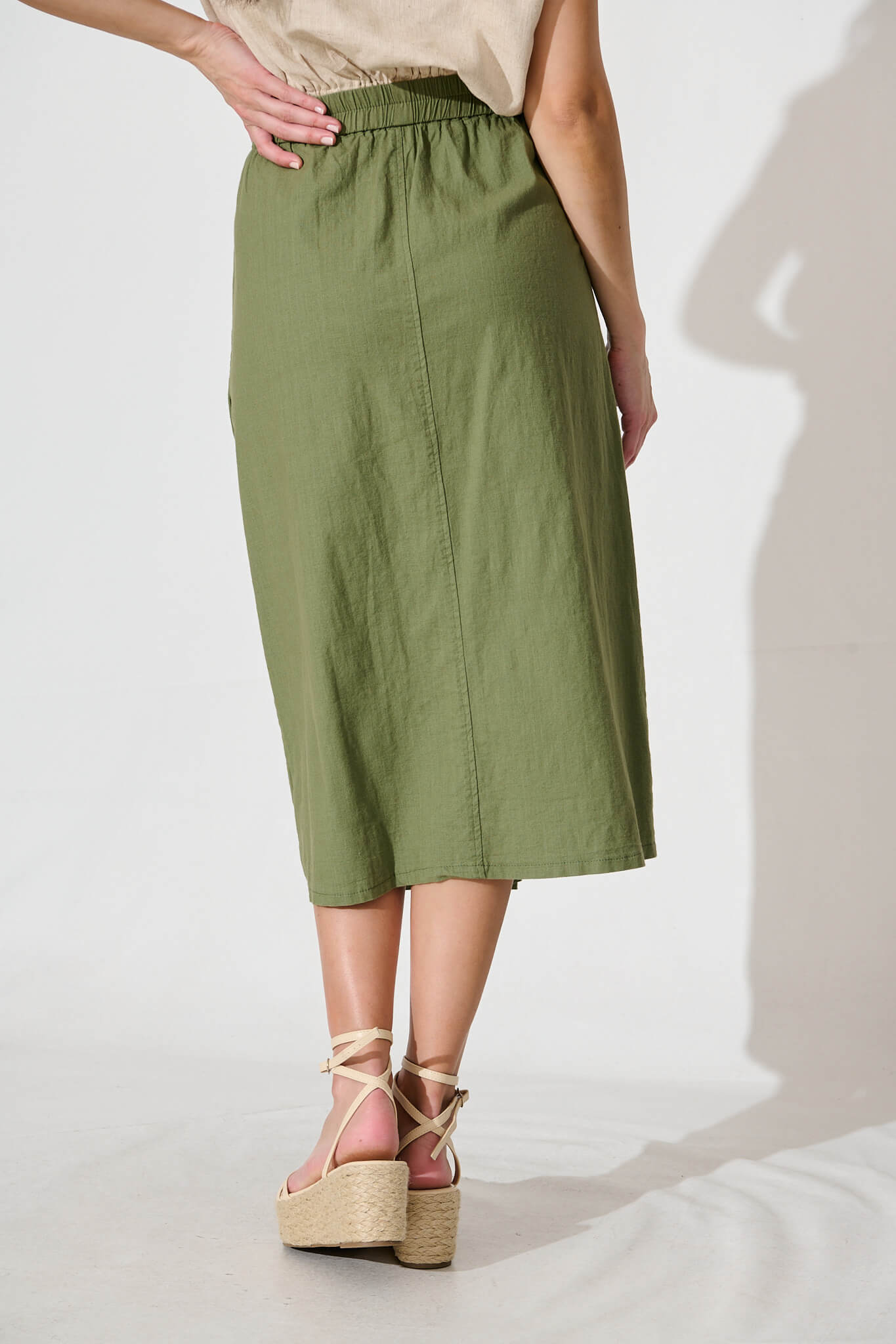 Lunya Midi Skirt in Khaki Cotton Blend