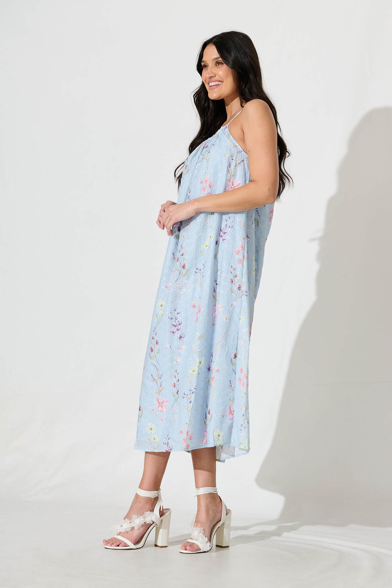 Sunetta Midi Sundress in Pale Blue Floral Textured Broderie