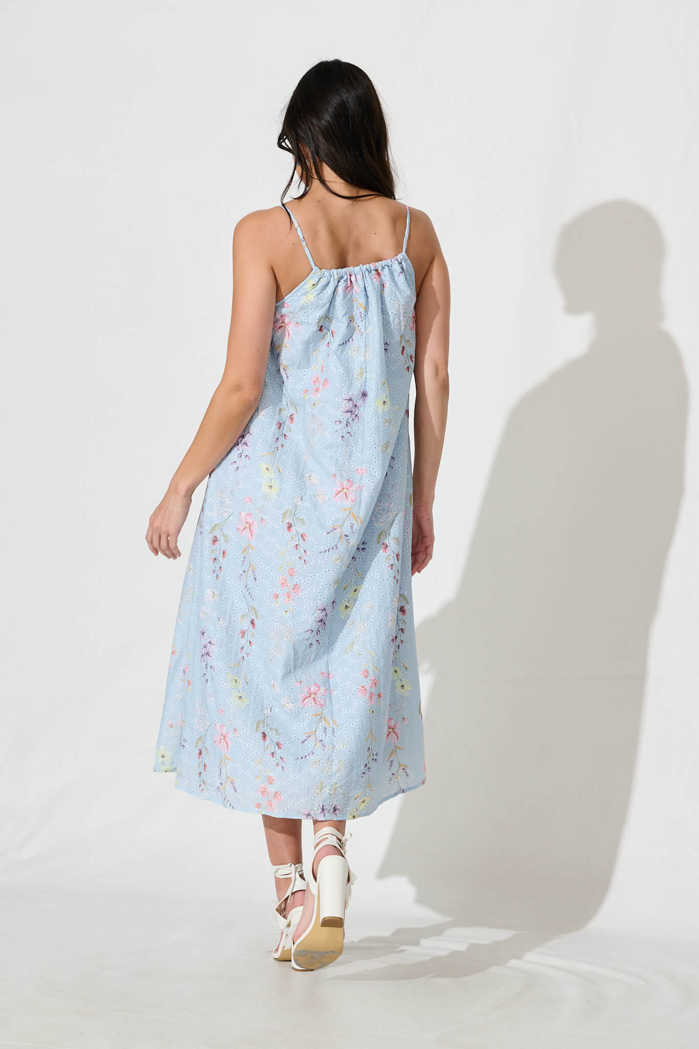 Sunetta Midi Sundress in Pale Blue Floral Textured Broderie
