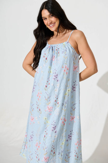 Sunetta Midi Sundress in Pale Blue Floral Textured Broderie