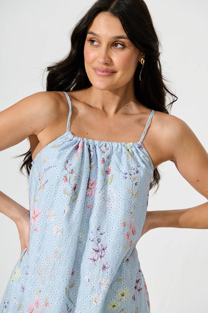Sunetta Midi Sundress in Pale Blue Floral Textured Broderie
