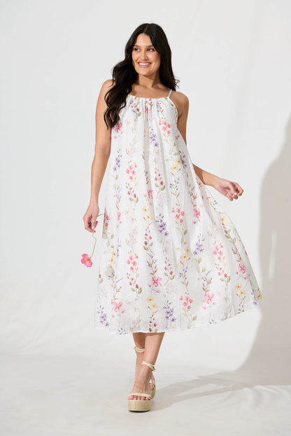Sunetta Midi Sundress in White Floral Textured Broderie
