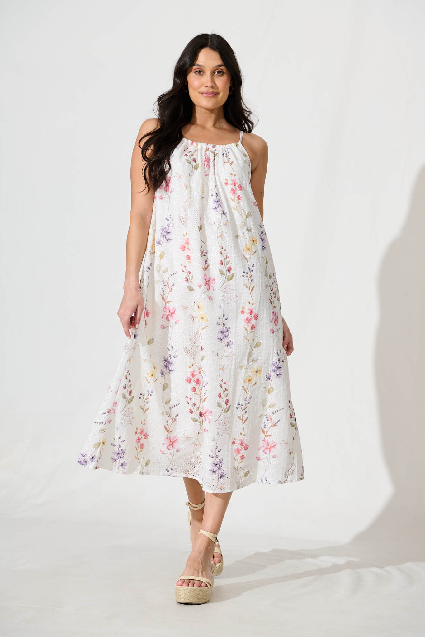 Sunetta Midi Sundress in White Floral Textured Broderie