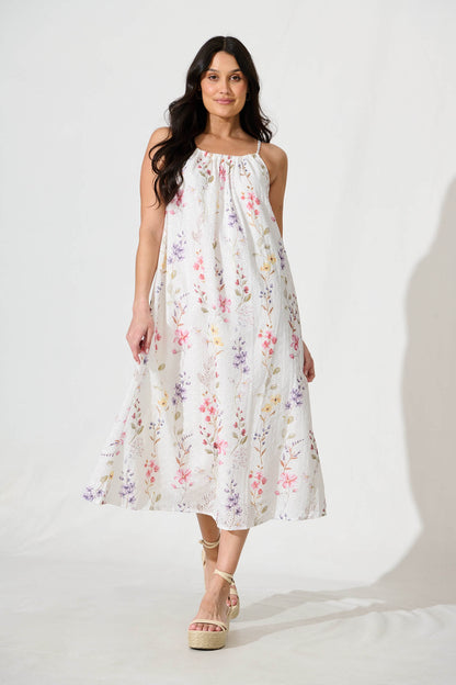 Sunetta Midi Sundress in White Floral Textured Broderie